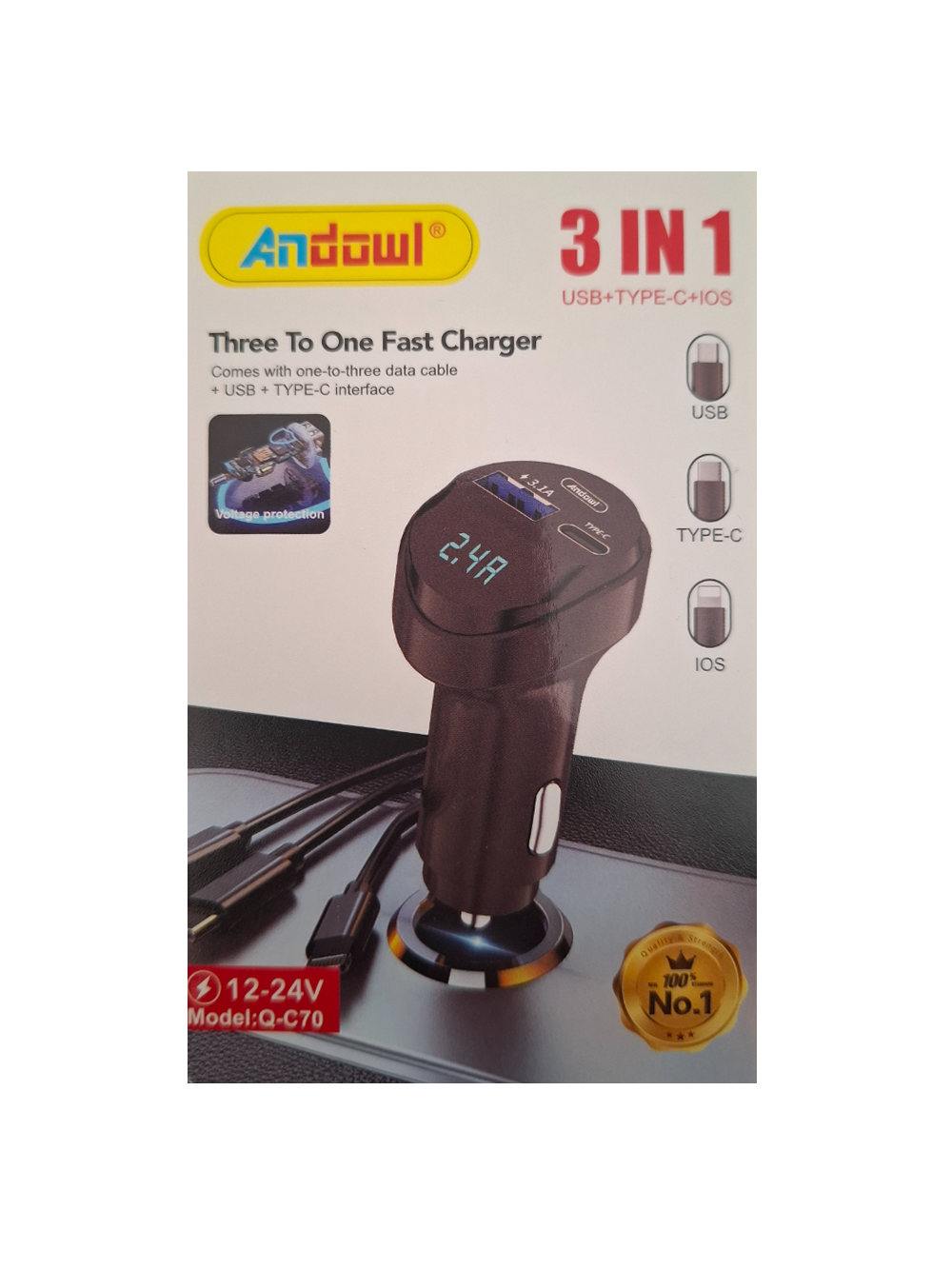 Auto punjač C70 sa kablom za brzo punjenje (USB + Type-C + iOS)